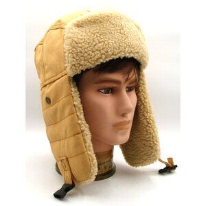 Canvas Tan Fleece Lined Trapper Bomber Hat Earflap Quilted Outdoor Snap Closure